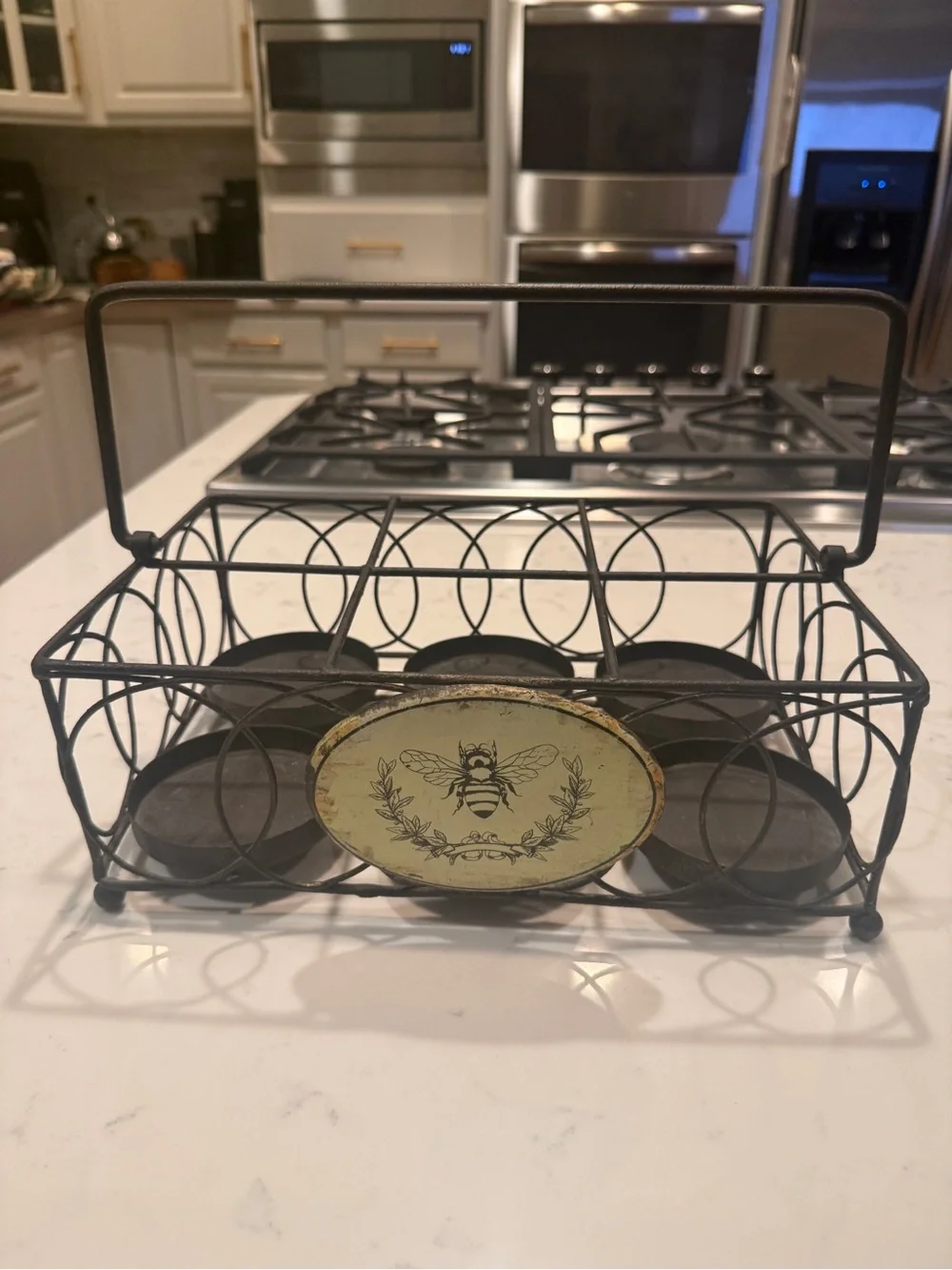 Rustic Bee Metal 6 Jar Caddy Basket Farmhouse French Country Decor
